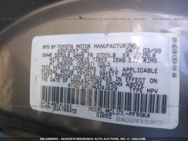 4T3ZF13C1WU041629 - 1998 TOYOTA SIENNA LE/XLE GOLD photo 9
