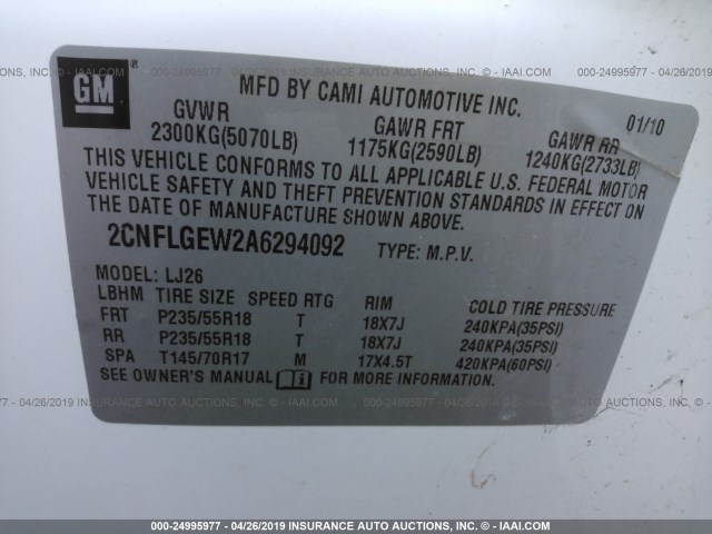 2CNFLGEW2A6294092 - 2010 CHEVROLET EQUINOX LTZ WHITE photo 9