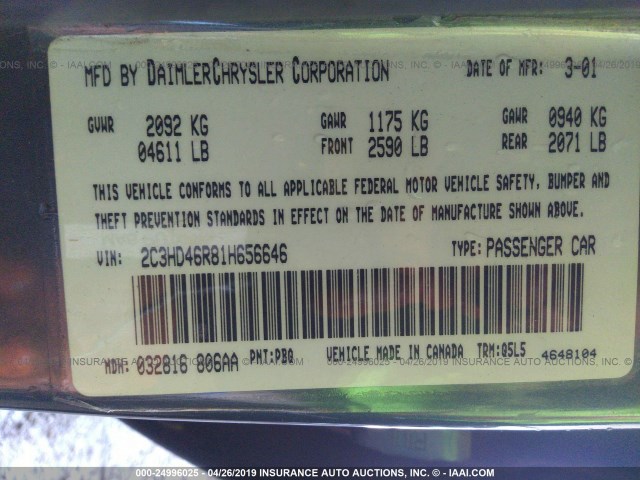 2C3HD46R81H656646 - 2001 CHRYSLER CONCORDE LX BLUE photo 9