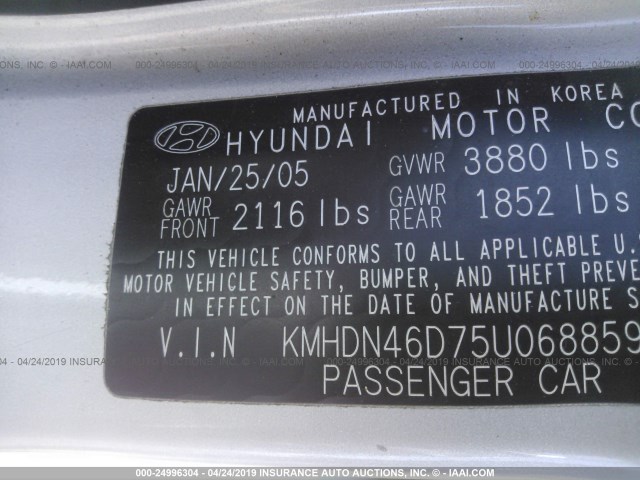 KMHDN46D75U068859 - 2005 HYUNDAI ELANTRA GLS/GT SILVER photo 9