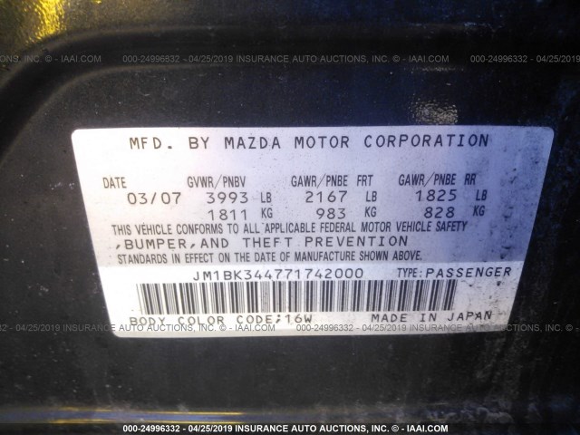 JM1BK344771742000 - 2007 MAZDA 3 HATCHBACK BLACK photo 9