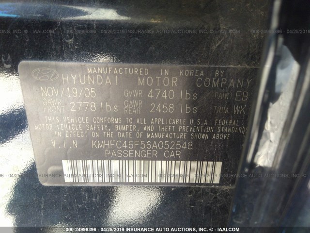 KMHFC46F56A052548 - 2006 HYUNDAI AZERA SE/LIMITED BLACK photo 9