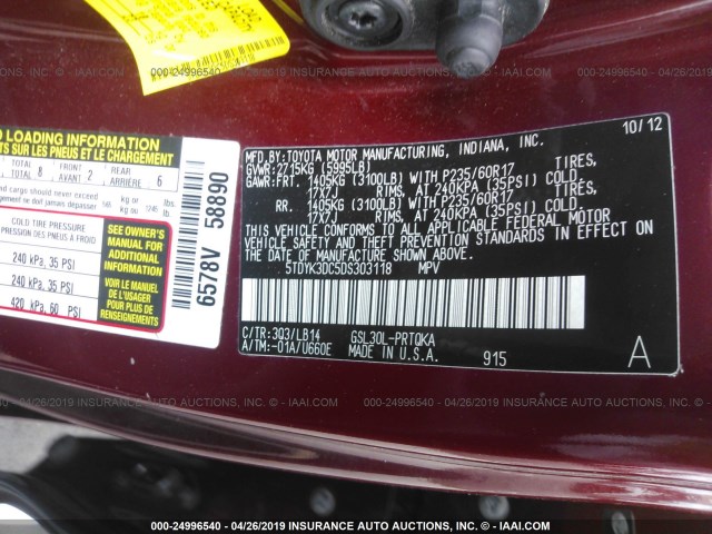 5TDYK3DC5DS303118 - 2013 TOYOTA SIENNA XLE/LIMITED RED photo 9