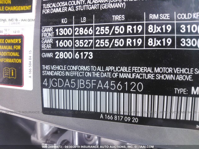 4JGDA5JB5FA456120 - 2015 MERCEDES-BENZ ML 350 GRAY photo 9