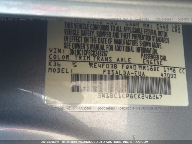 3N1BC1CP8CK248267 - 2012 NISSAN VERSA S/SL SILVER photo 9