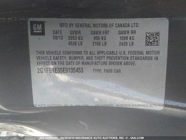 2G1FE1E35E9135453 - 2014 CHEVROLET CAMARO LS GRAY photo 9