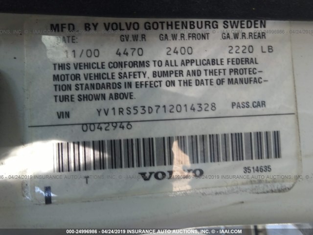 YV1RS53D712014328 - 2001 VOLVO S60 T5 WHITE photo 9