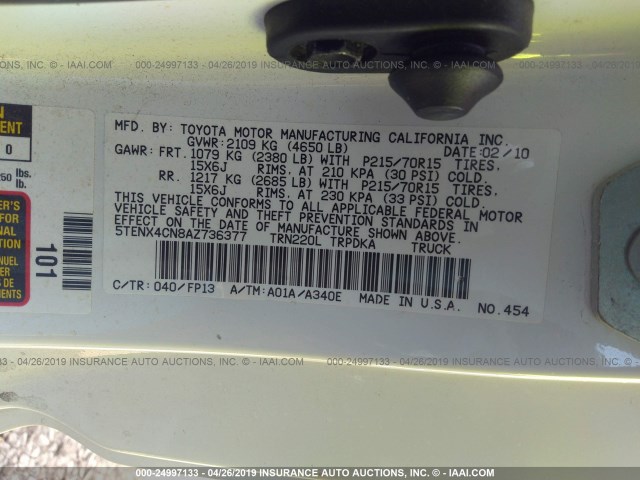 5TENX4CN8AZ736377 - 2010 TOYOTA TACOMA WHITE photo 9