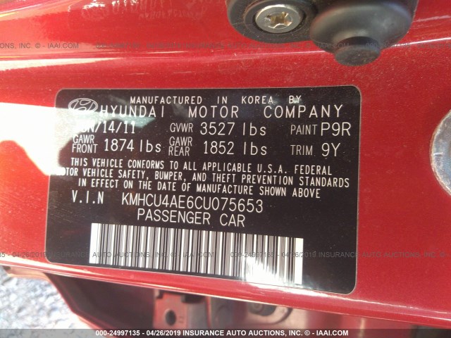 KMHCU4AE6CU075653 - 2012 HYUNDAI ACCENT GLS/GS/SE RED photo 9