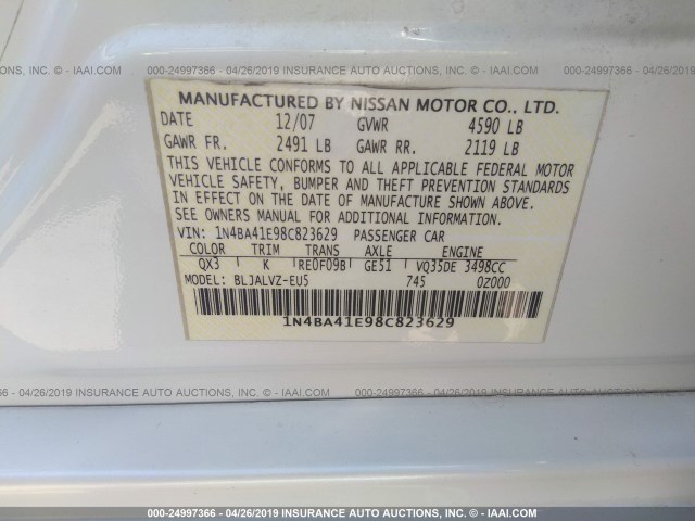 1N4BA41E98C823629 - 2008 NISSAN MAXIMA SE/SL WHITE photo 9