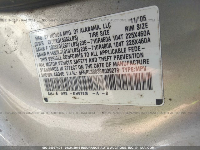 5FNRL38836B039279 - 2006 HONDA ODYSSEY TOURING SILVER photo 9