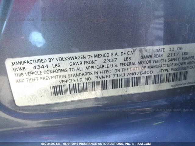 3VWEF71K17M076408 - 2007 VOLKSWAGEN JETTA WOLFSBURG 灰色 照片 9