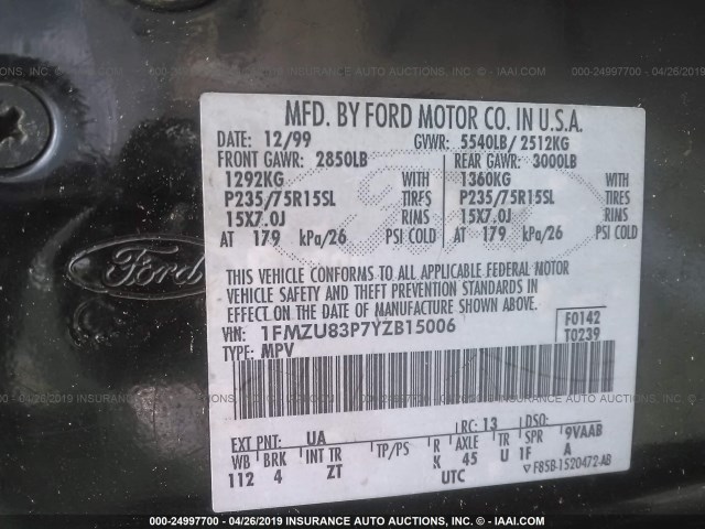 1FMZU83P7YZB15006 - 2000 FORD EXPLORER XLT BLACK photo 9