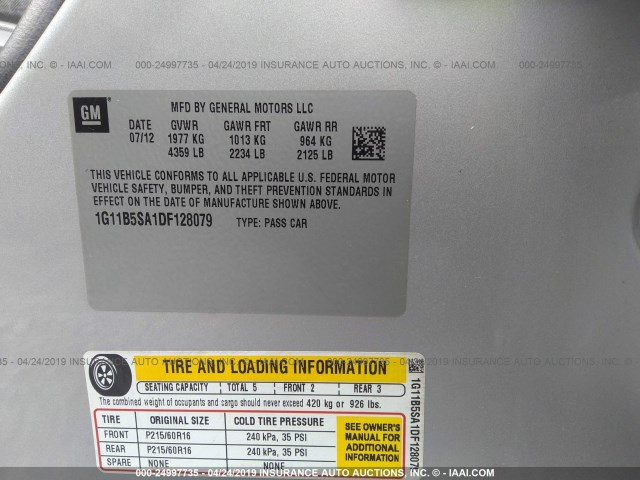 1G11B5SA1DF128079 - 2013 CHEVROLET MALIBU LS SILVER photo 9