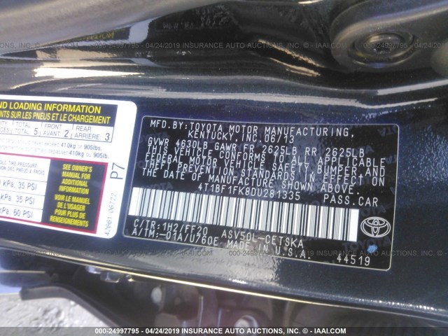 4T1BF1FK8DU281335 - 2013 TOYOTA CAMRY L/SE/LE/XLE 蓝色 照片 9