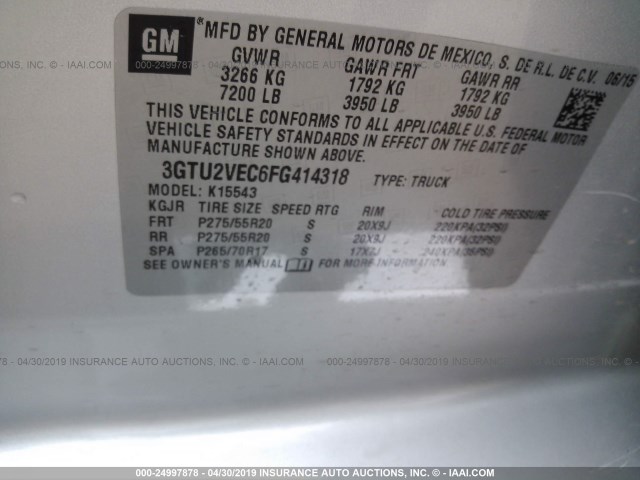 3GTU2VEC6FG414318 - 2015 GMC SIERRA K1500 SLT SILVER photo 9