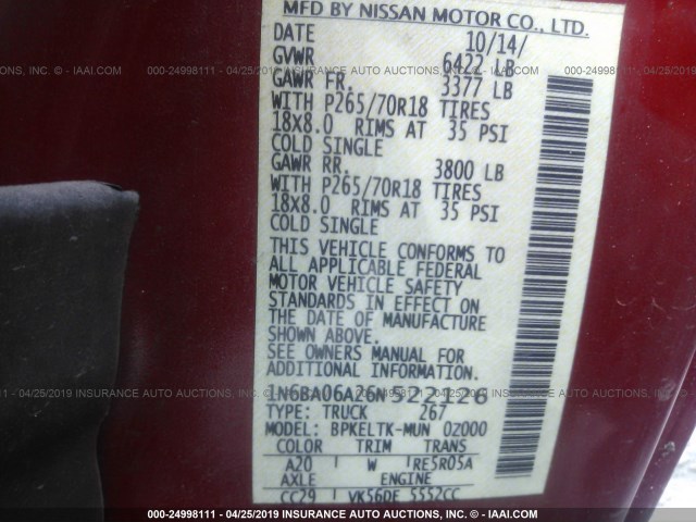 1N6BA06A26N522126 - 2006 NISSAN TITAN XE/SE/LE RED photo 9