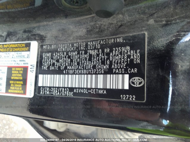 4T1BF3EK6BU137356 - 2011 TOYOTA CAMRY SE/LE/XLE 黑色 照片 9