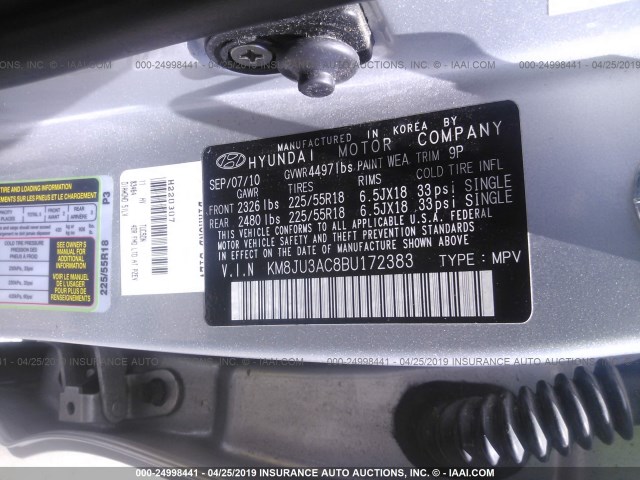 KM8JU3AC8BU172383 - 2011 HYUNDAI TUCSON GLS/LIMITED 银色 照片 9