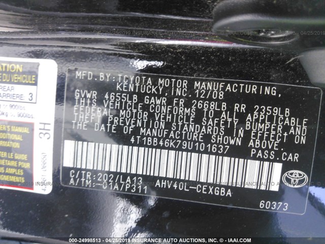 4T1BB46K79U101637 - 2009 TOYOTA CAMRY HYBRID BLACK photo 9