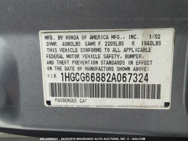 1HGCG66882A067324 - 2002 HONDA ACCORD EX/SE SILVER photo 9