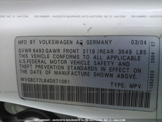 WVGBC77L64D071061 - 2004 VOLKSWAGEN TOUAREG 3.2 WHITE photo 9