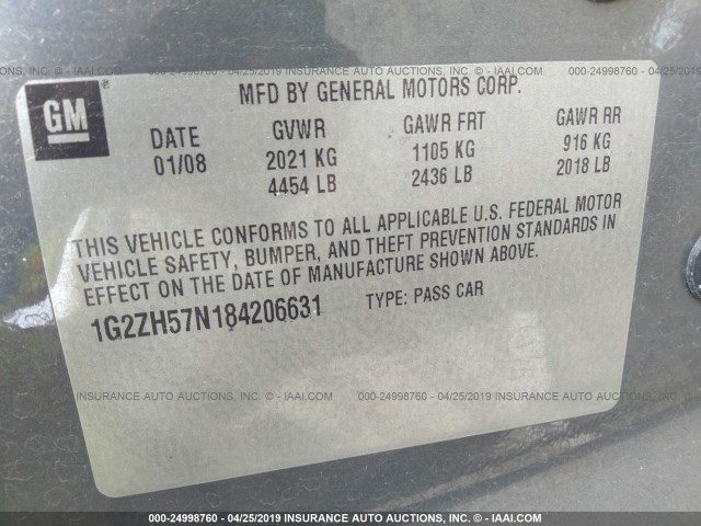 1G2ZH57N184206631 - 2008 PONTIAC G6 GT GRAY photo 9