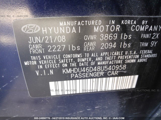 KMHDU46D48U540958 - 2008 HYUNDAI ELANTRA GLS/SE/LIMITED BLUE photo 9