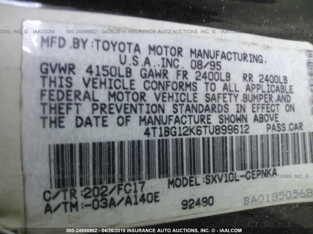 4T1BG12K6TU899612 - 1996 TOYOTA CAMRY DX/LE/XLE BLUE photo 9