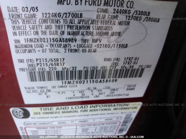 1FMZK02115GA58989 - 2005 FORD FREESTYLE SEL RED photo 9