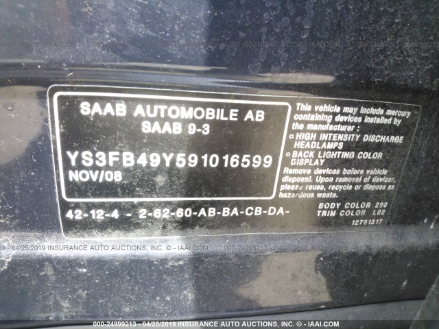 YS3FB49Y591016599 - 2009 SAAB 9-3 2.0T BLUE photo 9