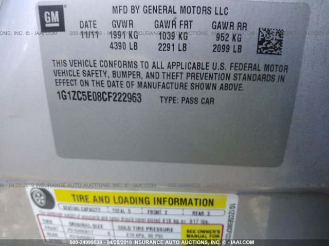 1G1ZC5E08CF222963 - 2012 CHEVROLET MALIBU 1LT 银色 照片 9