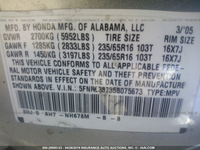 5FNRL38735B075673 - 2005 HONDA ODYSSEY EXL SILVER photo 9