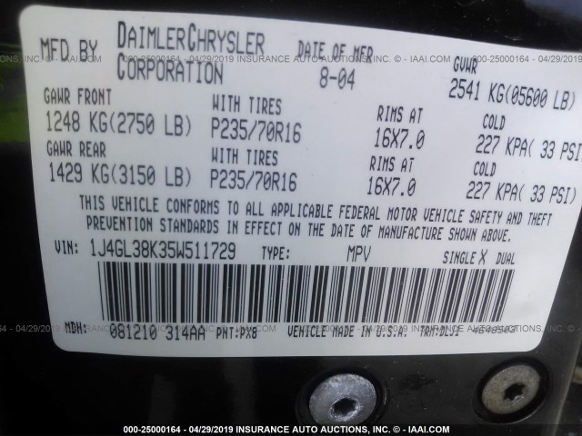 1J4GL38K35W511729 - 2005 JEEP LIBERTY RENEGADE BLACK photo 9