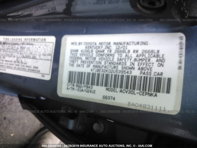 4T1BE32K02U539543 - 2002 TOYOTA CAMRY LE/XLE/SE Light Blue photo 9