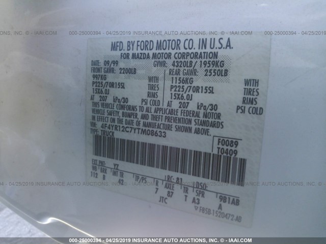 4F4YR12C7YTM08633 - 2000 MAZDA B2500 WHITE photo 9