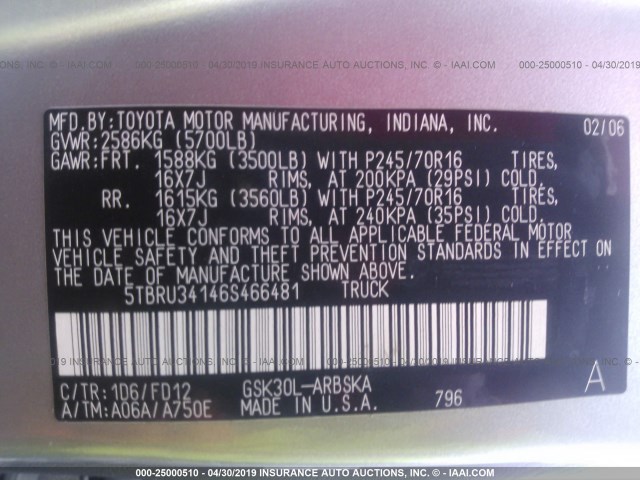 5TBRU34146S466481 - 2006 TOYOTA TUNDRA ACCESS CAB SR5 SILVER photo 9