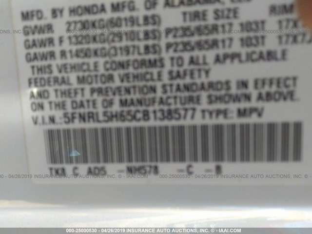 5FNRL5H65CB138577 - 2012 HONDA ODYSSEY EXL WHITE photo 9