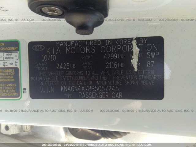 KNAGN4A78B5057245 - 2011 KIA OPTIMA EX/SX WHITE photo 9