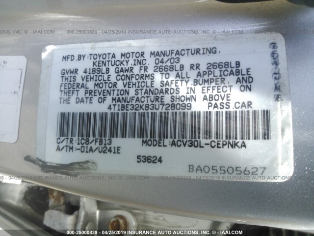 4T1BE32K83U728099 - 2003 TOYOTA CAMRY LE/XLE/SE SILVER photo 9