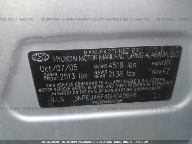 5NPEU46F46H049646 - 2006 HYUNDAI SONATA GLS/LX SILVER photo 9