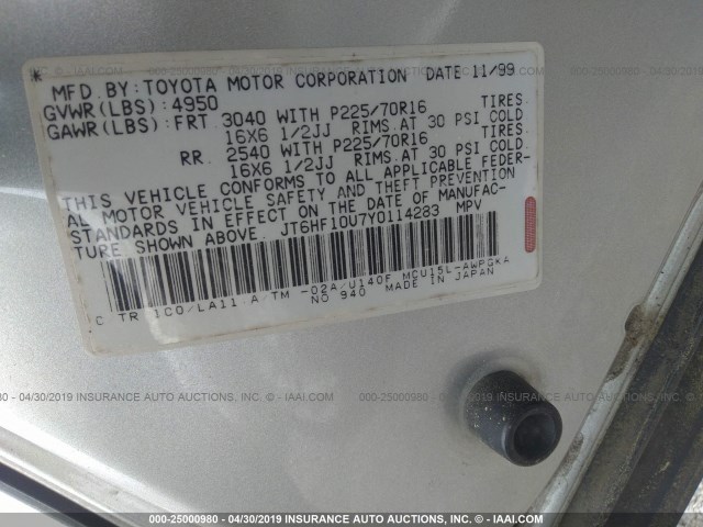 JT6HF10U7Y0114283 - 2000 LEXUS RX 300 SILVER photo 9