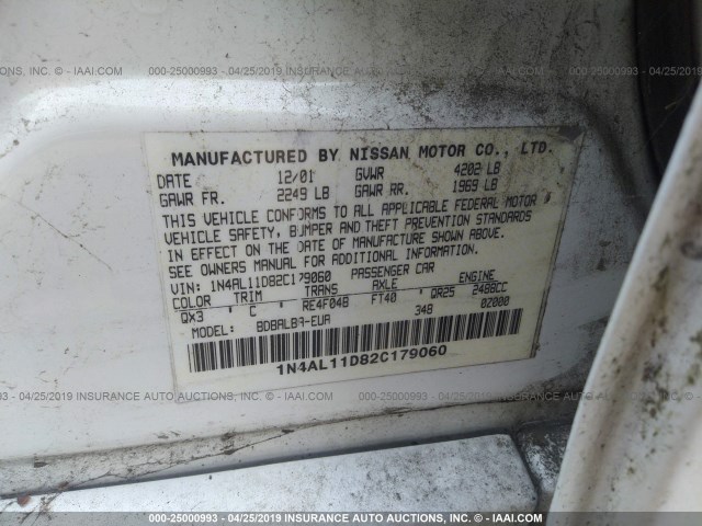 1N4AL11D82C179060 - 2002 NISSAN ALTIMA S/SL WHITE photo 9