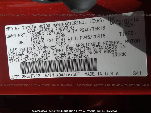 5TFLU4ENXEX108248 - 2014 TOYOTA TACOMA DOUBLE CAB 红色 照片 9