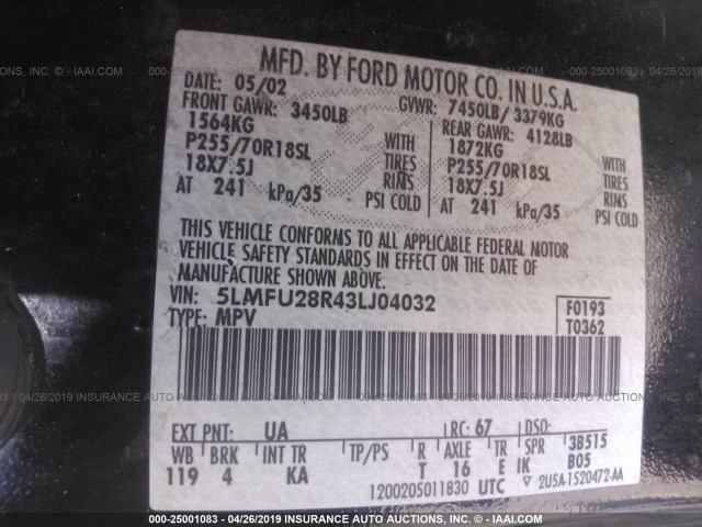 5LMFU28R43LJ04032 - 2003 LINCOLN NAVIGATOR Noir photo 9