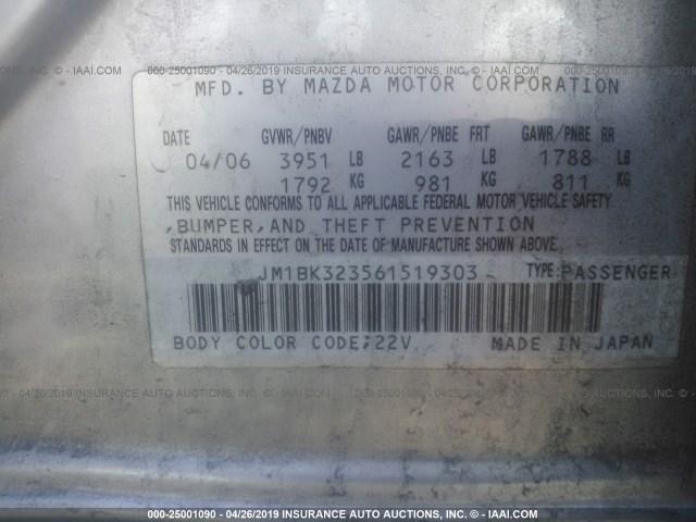 JM1BK323561519303 - 2006 MAZDA 3 S SILVER photo 9