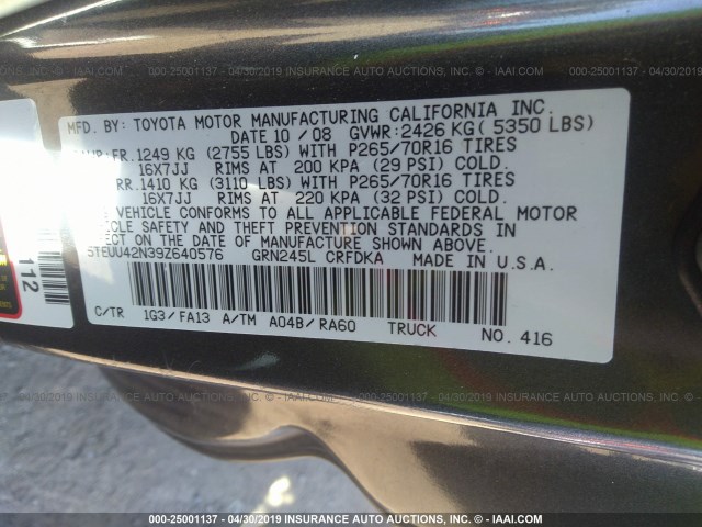 5TEUU42N39Z640576 - 2009 TOYOTA TACOMA ACCESS CAB GRAY photo 9