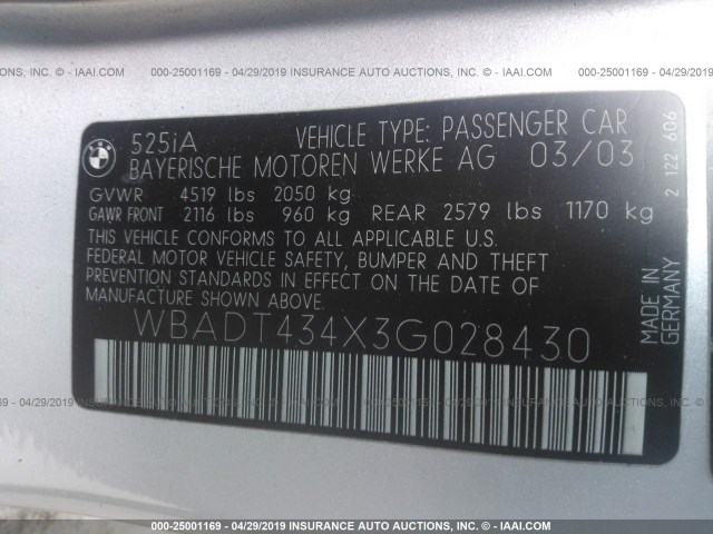WBADT434X3G028430 - 2003 BMW 525 I AUTOMATIC SILVER photo 9