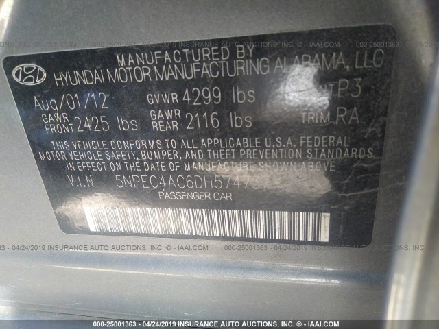 5NPEC4AC6DH574737 - 2013 HYUNDAI SONATA SE/LIMITED GRAY photo 9