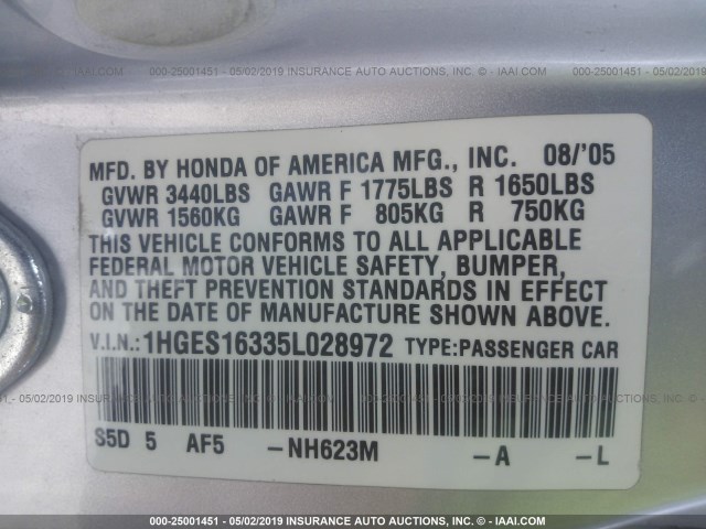 1HGES16335L028972 - 2005 HONDA CIVIC DX VP Gümüş foto 9